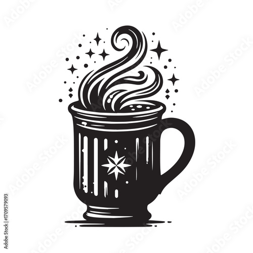 Black Hot Cocoa Mug Silhouette Vector Illustration design, Solid White Background