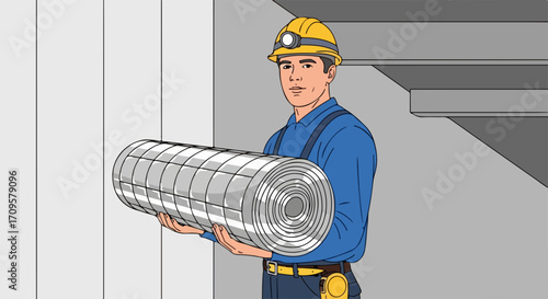 Worker in safety gear carries insulation roll in industrial setting. Industrial insulation being installed by a worker in protective helmet and uniform.