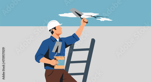 Repairman at work, repairing ceiling with plaster using trowel for home renovation. Home renovation includes handyman character filling cracks with plaster on ladder, holding another trowel.