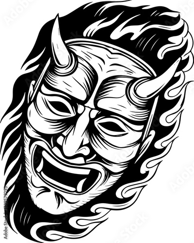 SVG tattoo design inspired by traditional Japanese Irezumi (Wabori) style. Dramatic Black and White Demon Mask with Flames and Horns
