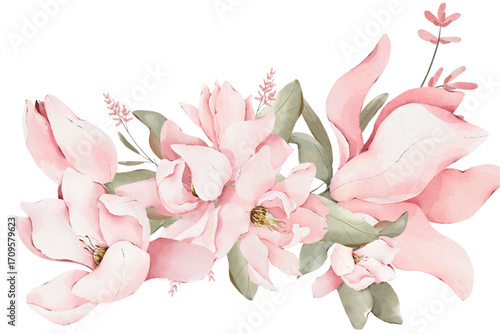 Watercolor floral wallpaper with pink blossoms and outlines. Delicate hand-drawn mural with soft pink flowers and leaves. Abstract botanical illustration with pastel pink magnolia flowers isolated