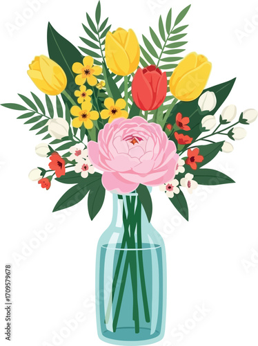 Vibrant floral arrangement in a clear glass vase, bringing natural beauty indoors.