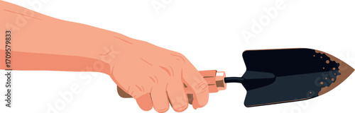 Hand holding a garden trowel with soil, ready for planting