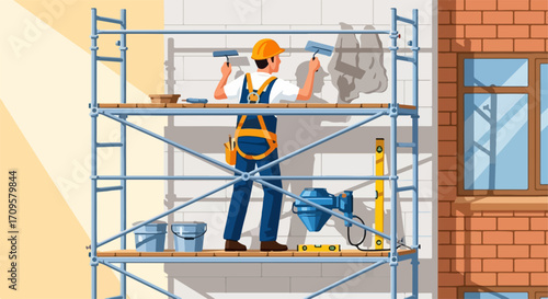 Painter at work on scaffolding showing painting wall. Painting wall with roller depicts worker painting wall. Commercial concept painter at work painting wall,