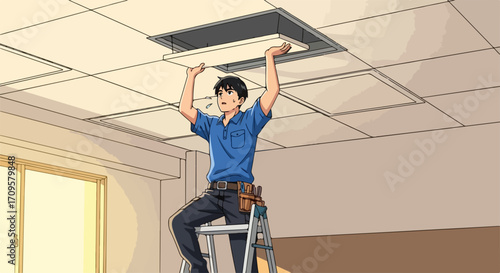 Electrician worker repairing ceiling light on ladder indoors, handyman fixes, repairs, and installs lighting equipment. Concept: ceiling light maintenance for modern buildings,