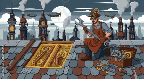Steampunk illustration showcases futuristic mechanic on rooftop fixing machine. Steampunk illustration displays man with goggles holding wrench on rooftop with opened mechanism,