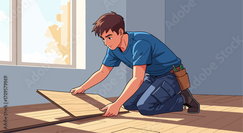 Laying flooring by young worker for room renovation, flooring installation shows precision and care. Worker laying flooring in apartment to improve living space, bringing new charm.