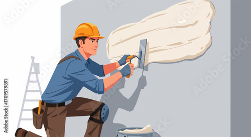 Plasterer illustration showing man applying plaster on wall, plasterer at work with trowel in hand. Plasterer skillfully smooths compound onto the wall,
