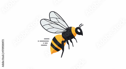 Cute cartoon flying bee with yellow and black stripes.