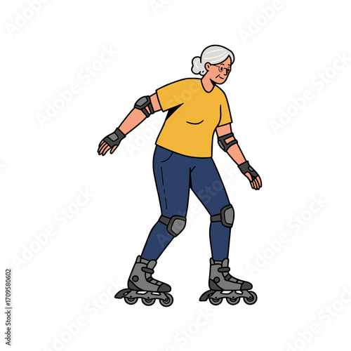Senior woman rollerblading while wearing protective gear outdoors  