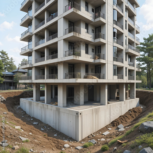 The reinforced concrete foundation of a modern monolithic residential building, prepared with structural steel.