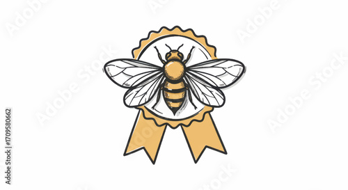 Detailed Bee Illustration with Golden Rosette and Ribbons.