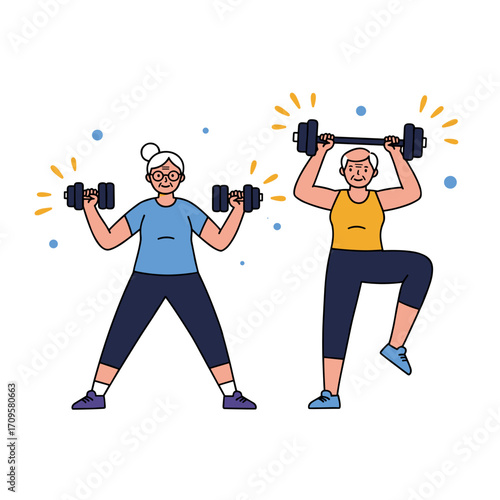 Elderly people in brightly colored tracksuits train with dumbbells
