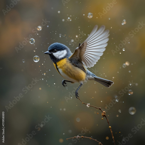 A tomtit bird in mid-flight during autumn in Siberia, Tomsk, with colorful seasonal.