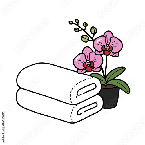 Two white towels next to a pink orchid plant in a pot  