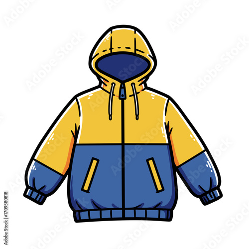 Colorful windbreaker jacket with hood in blue and yellow design  