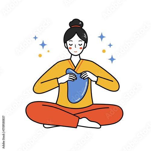 Young woman performing gua sha massage while sitting on the floor  