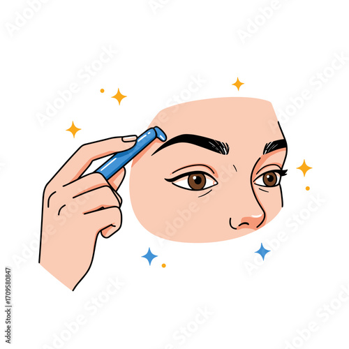 Woman grooming eyebrows with precision tool and focused expression  
