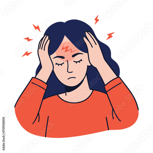 Young woman holding her head in pain with migraine symptoms  
