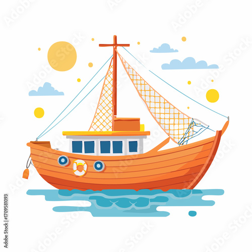 Orange Fishing Boat Sailing on Calm Waters with Fishing Net and Sun in Background