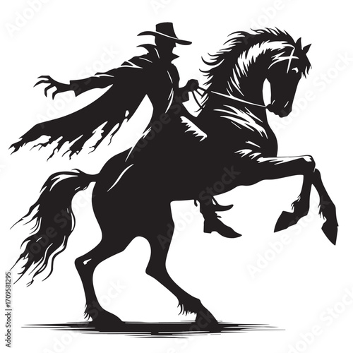 Black Headless Horseman Silhouette Vector Illustration design, Solid White Background