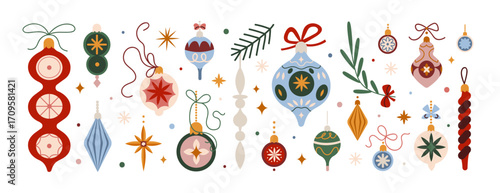 Christmas baubles, ornaments, winter holiday decorations in retro style. Vintage festive Xmas decor, balls. Seasonal adornments with pattern. Flat vector illustrations set isolated on white background