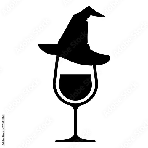 Icono con silueta de copa de vino con sombrero de bruja para tarjetas y felicitaciones de Halloween 
