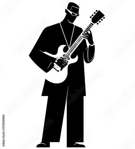 Stylish musician playing electric guitar in black and white silhouette