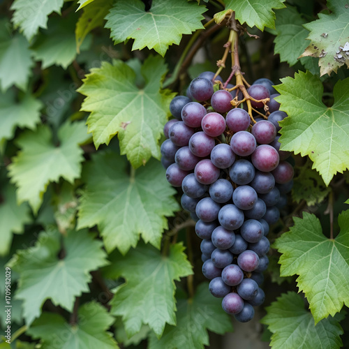 Clusters of wild grapes growing alongside lush green leaves, creating a natural wall-like background.