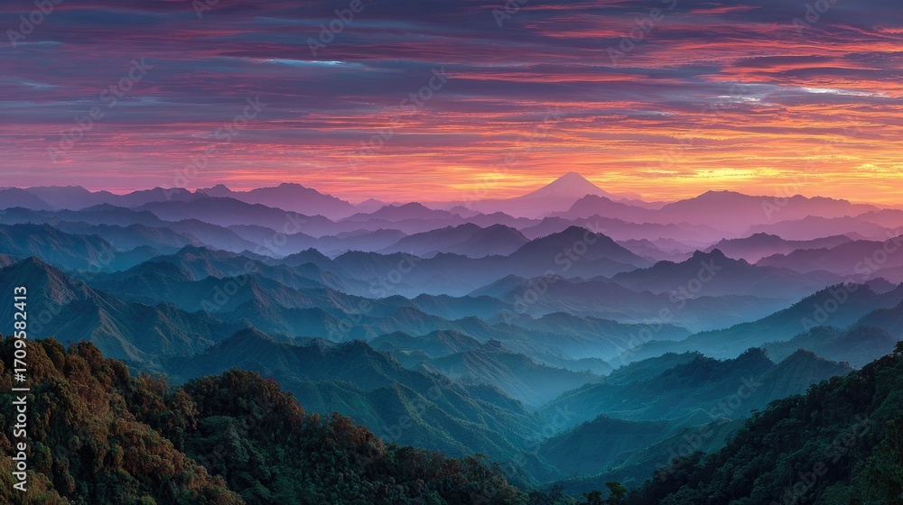 Obraz premium Colorful mountain range panorama at sunrise