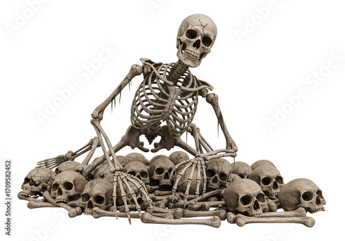A large, detailed skeleton sits atop a pile of skulls and bones against a black background, evoking a somber and macabre scene.