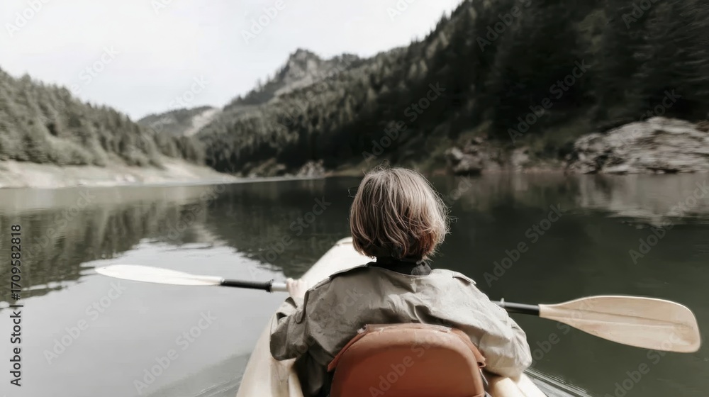 Fototapeta premium Tranquil kayaking adventure on serene mountain lake amidst lush forest scenery