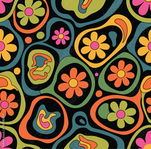 A retro pattern featuring flowers and abstract shapes in various colors on a black background