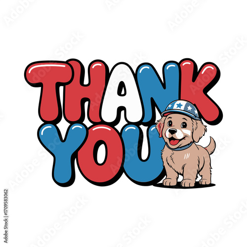 Thank you message, cute puppy illustration, military appreciation theme, patriotic cap and scarf, friendly sticker graphic, vector artwork