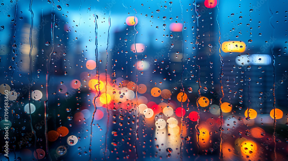 Obraz premium Rain drops on a window pane, night city lights, blurred view of a city.