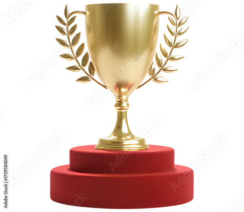 gold trophy cup, gold cup with laurel wreath.  Golden trophy displayed on a velvet podium under dramatic spotlight, symbolizing achievement and excellence. gold trophy cup. gold cup with laurel - 1
