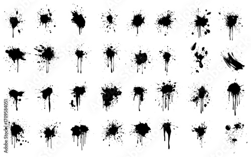 Grunge ink splatter. Splash of paints, spray drops staining and frame with wet paint drop traces  set. Illustration splash and drip design, silhouette blob spray collection