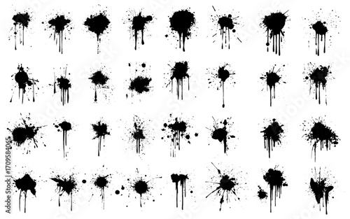 Grunge ink splatter. Splash of paints, spray drops staining and frame with wet paint drop traces  set. Illustration splash and drip design, silhouette blob spray collection