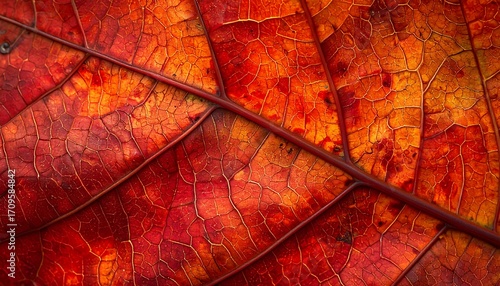 Vibrant Red Autumn Leaf Macro Texture.