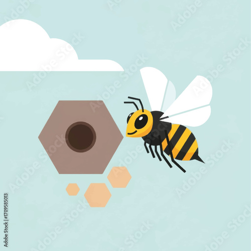 A happy bee flying towards its hive with pollen.