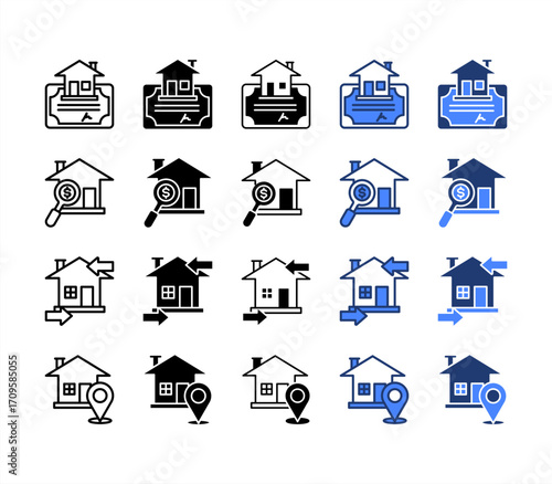 Certificate, Appraisal, Rental, Address, multiple style icon set.