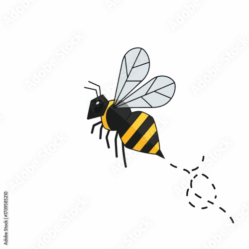 A stylized cartoon bee with black and yellow stripes flying.