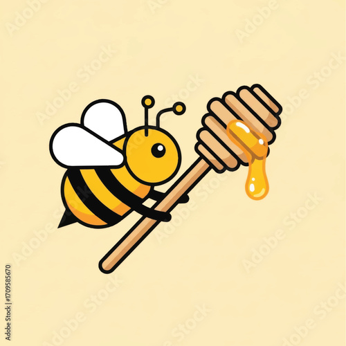 Cartoon Bee Holding Honey Dipper with Dripping Honey Illustration.