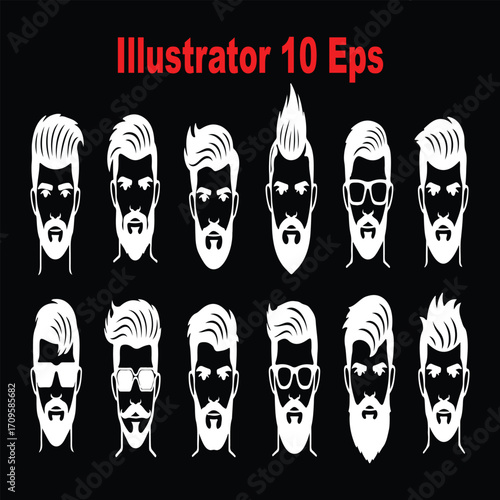 Set of vector icons with men's hipster hairstyles, beards, and mustaches. Barbershop logo and avatar collection.