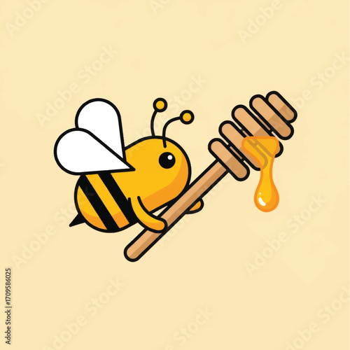 Cartoon bee with honey dipper and dripping honey cute illustration.