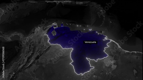 A satellite view of venezuela highlighted in blue with a white outline on a dark map background