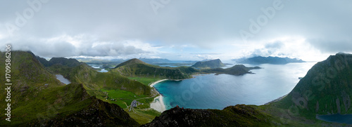 Fotografie Explore the breathtaking landscape of Lofoten, Norway featuring the iconic Mannen mountain and Haukland Beach