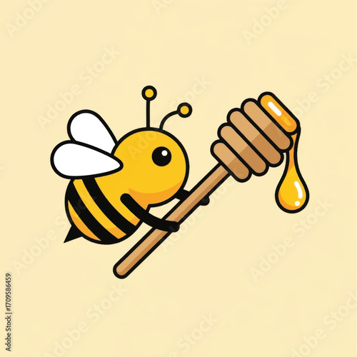 Cute cartoon bee holding a honey dipper with dripping honey.