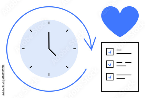 Clock with circular arrow, heart, checklist with check marks. Ideal for productivity, time management, self-care, planning, task prioritization, focus simple landing page