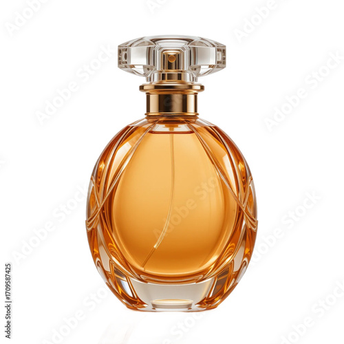  a transparent orange glass perfume bottle with an artistic crystal cap